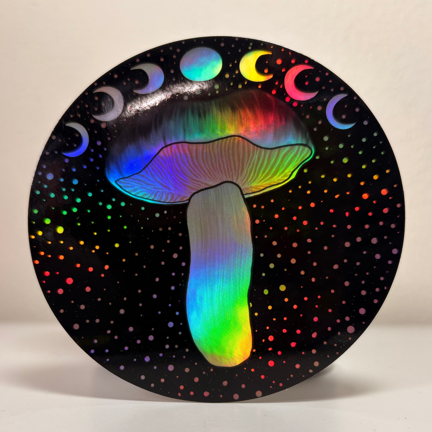 Mushroom Moon Phase Holographic Sticker- Midnight Entaloma