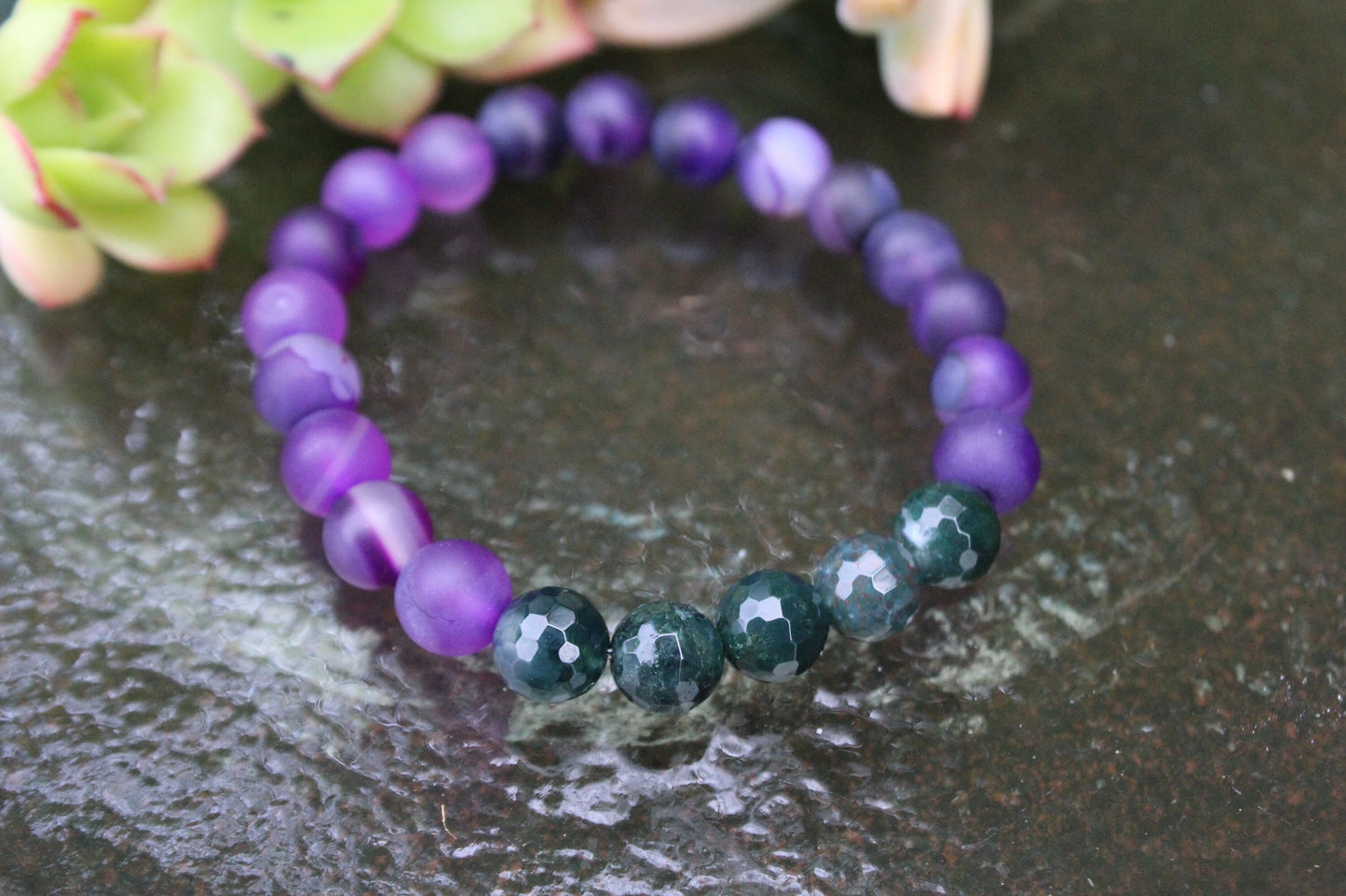 Banded Matte Purple Agate + Faceted Green Moss Agate | 8 mm |
