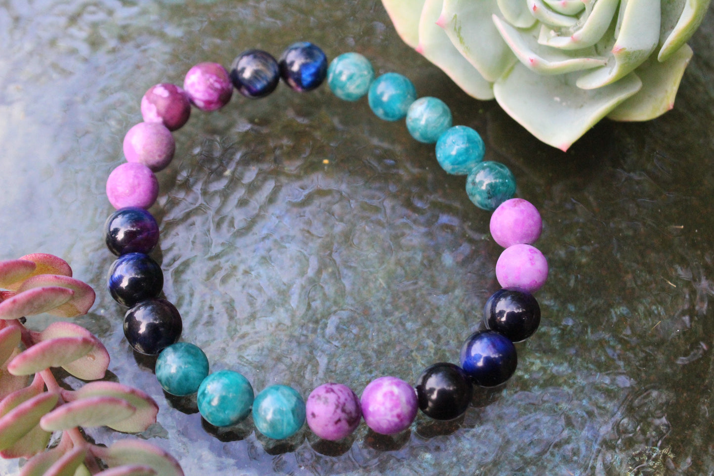 Galaxy Tiger Eye, Matte Charoite + Teal Glossy Apatite | 8 mm