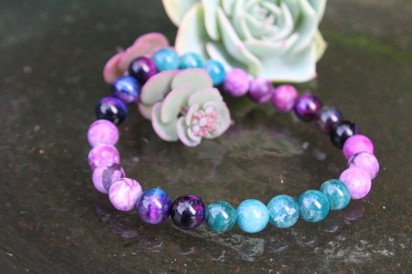 Galaxy Tiger Eye, Matte Charoite + Teal Glossy Apatite | 8 mm