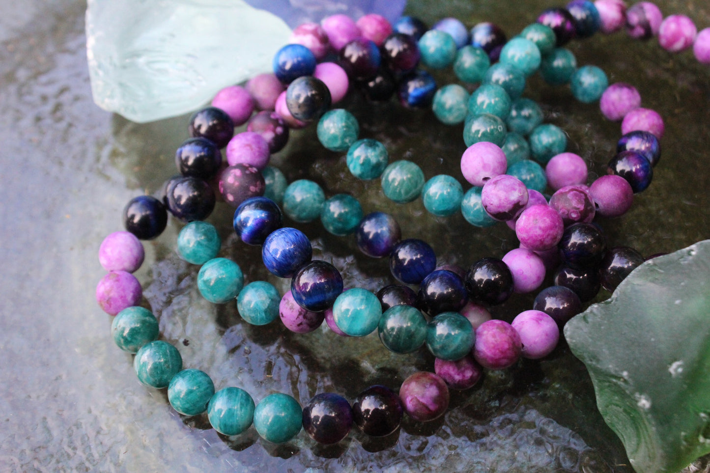 Galaxy Tiger Eye, Matte Charoite + Teal Glossy Apatite | 8 mm