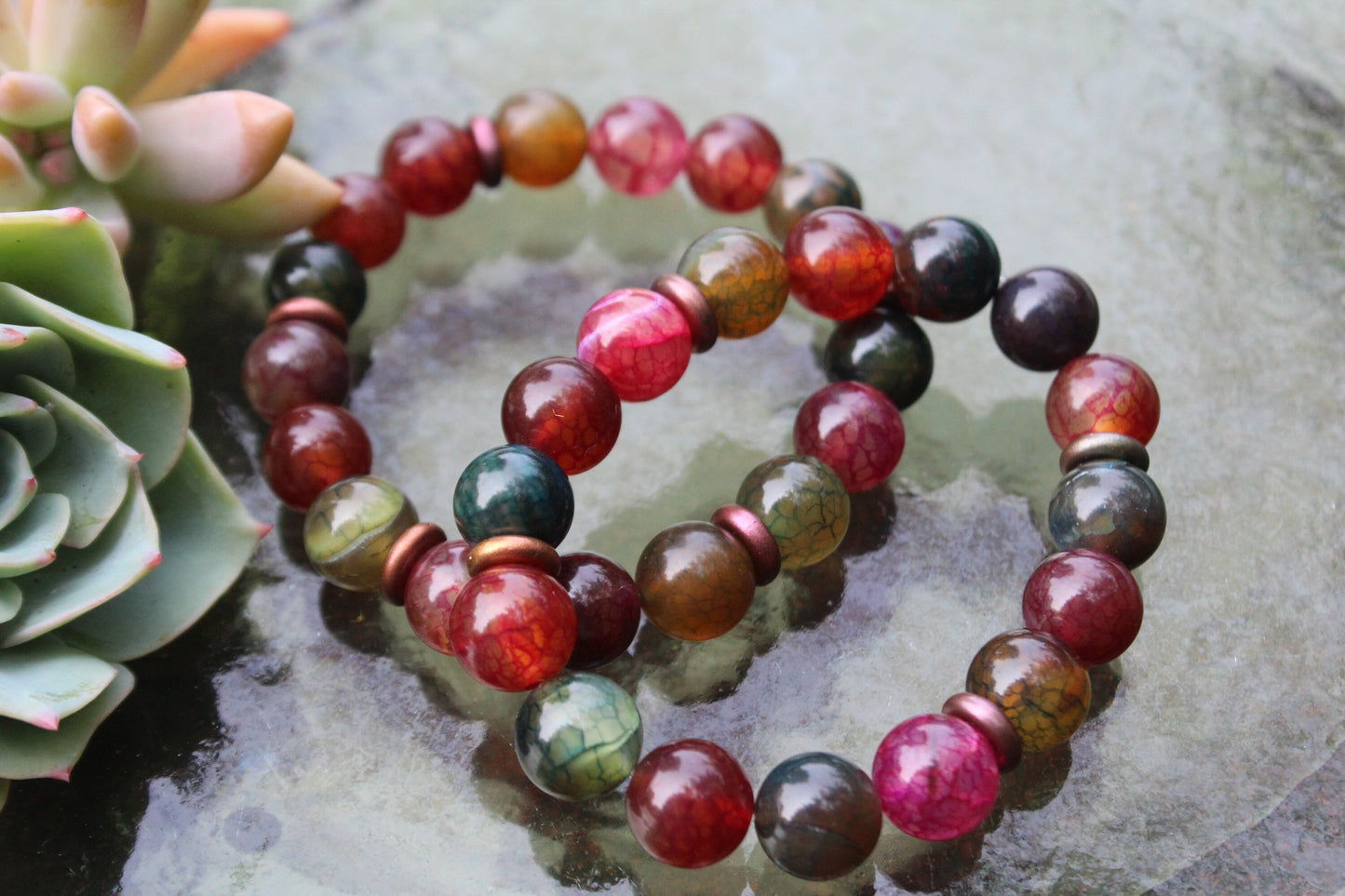 Glossy Multicolored Crackle Agate with Bronze Beads | 10 mm |