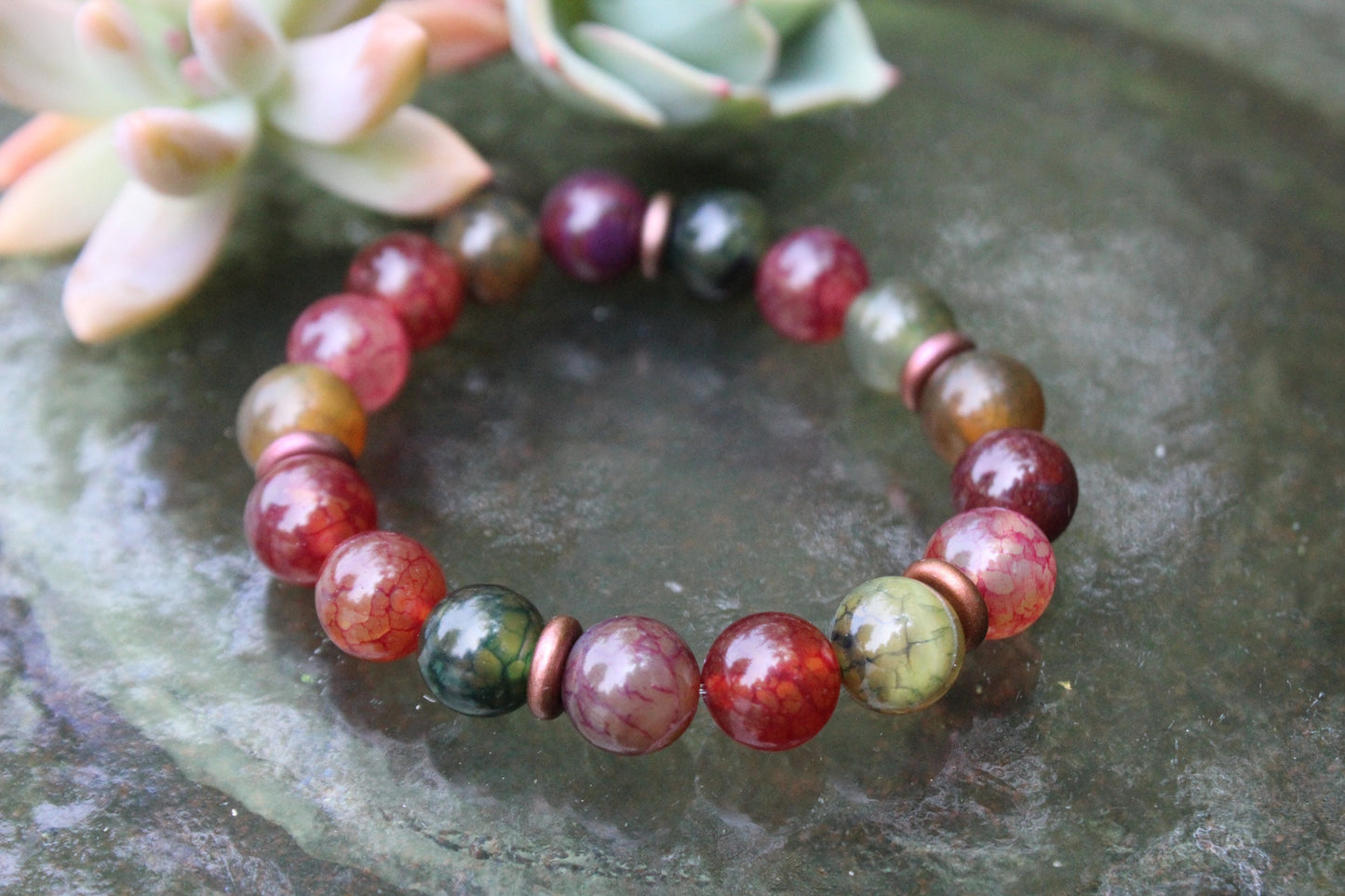Glossy Multicolored Crackle Agate with Bronze Beads | 10 mm |