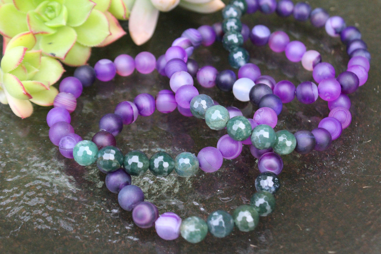 Banded Matte Purple Agate + Faceted Green Moss Agate | 8 mm |