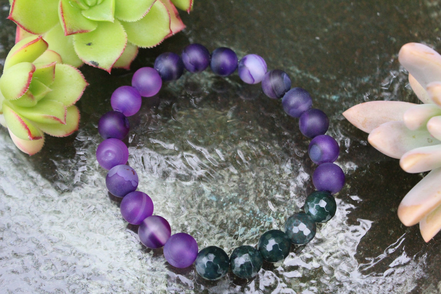 Banded Matte Purple Agate + Faceted Green Moss Agate | 8 mm |