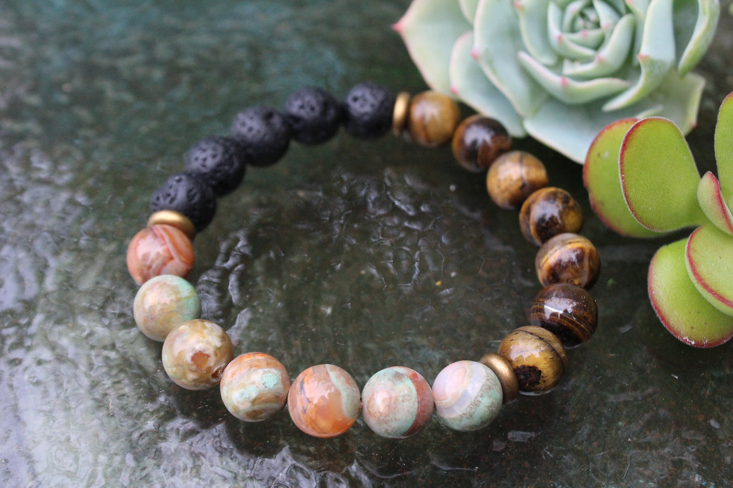 Rocky Cliffs | Tiger Eye, Lava + Rainforest Agate | 10 mm | Coastal Haze | Gemstone Stretch Bracelet