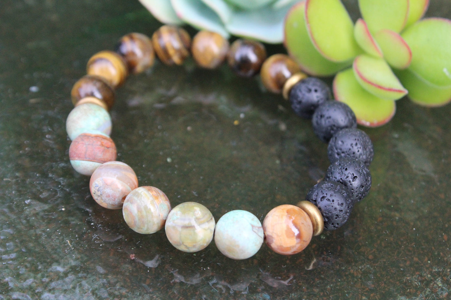 Rocky Cliffs | Tiger Eye, Lava + Rainforest Agate | 10 mm | Coastal Haze | Gemstone Stretch Bracelet
