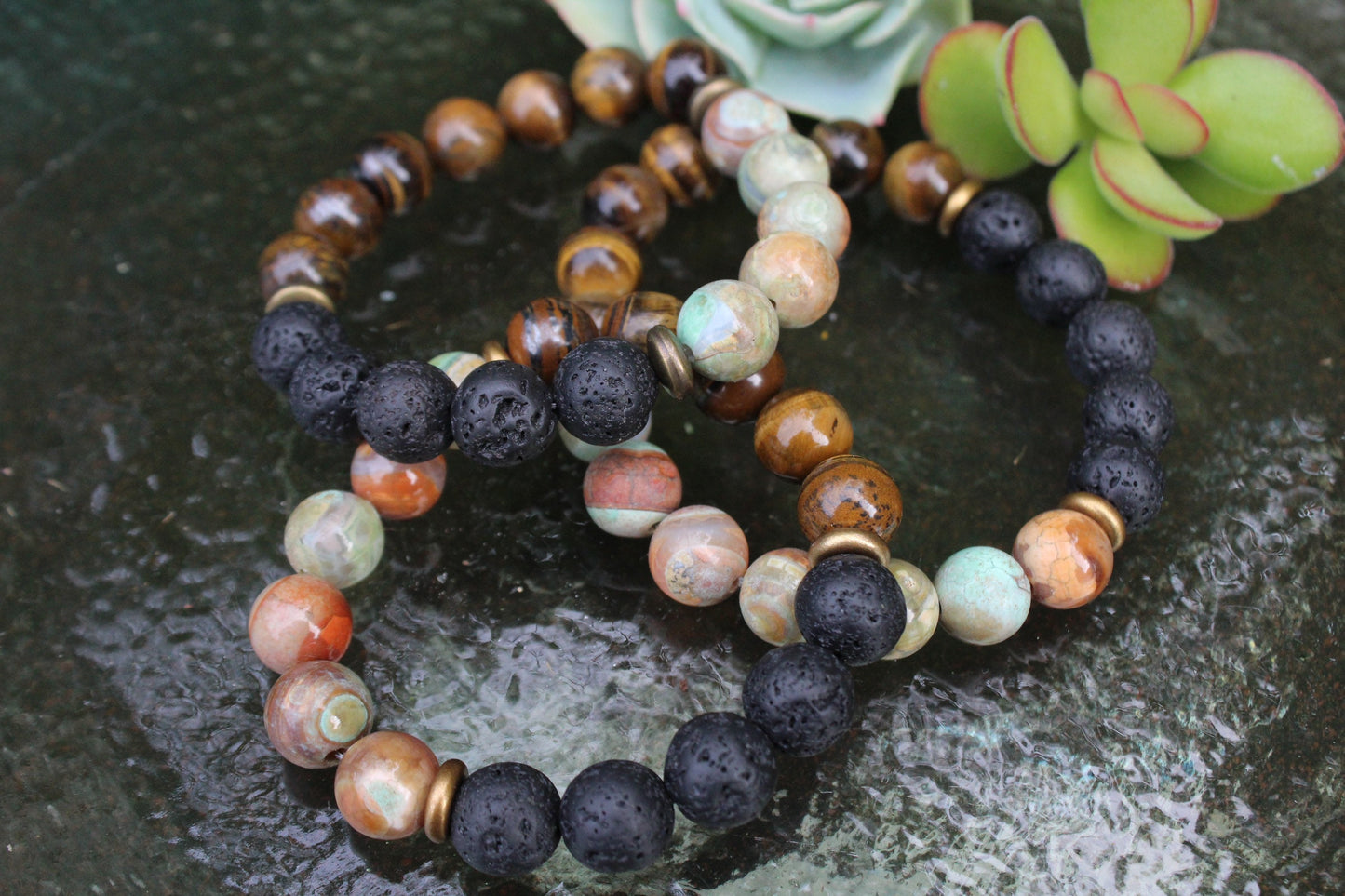 Rocky Cliffs | Tiger Eye, Lava + Rainforest Agate | 10 mm | Coastal Haze | Gemstone Stretch Bracelet