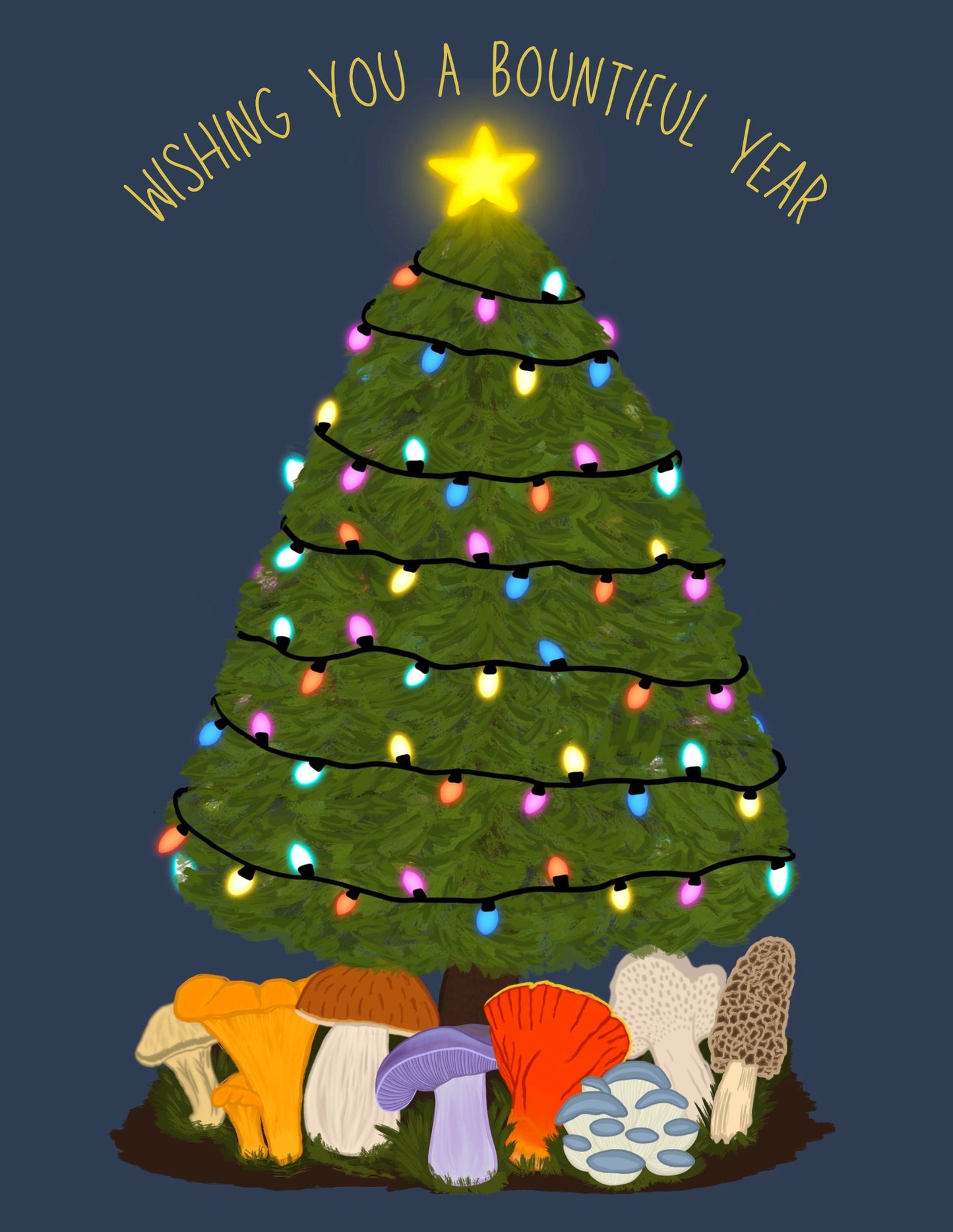 Wishing you a Bountiful Year Card with Edible Mushrooms Under the Christmas Tree