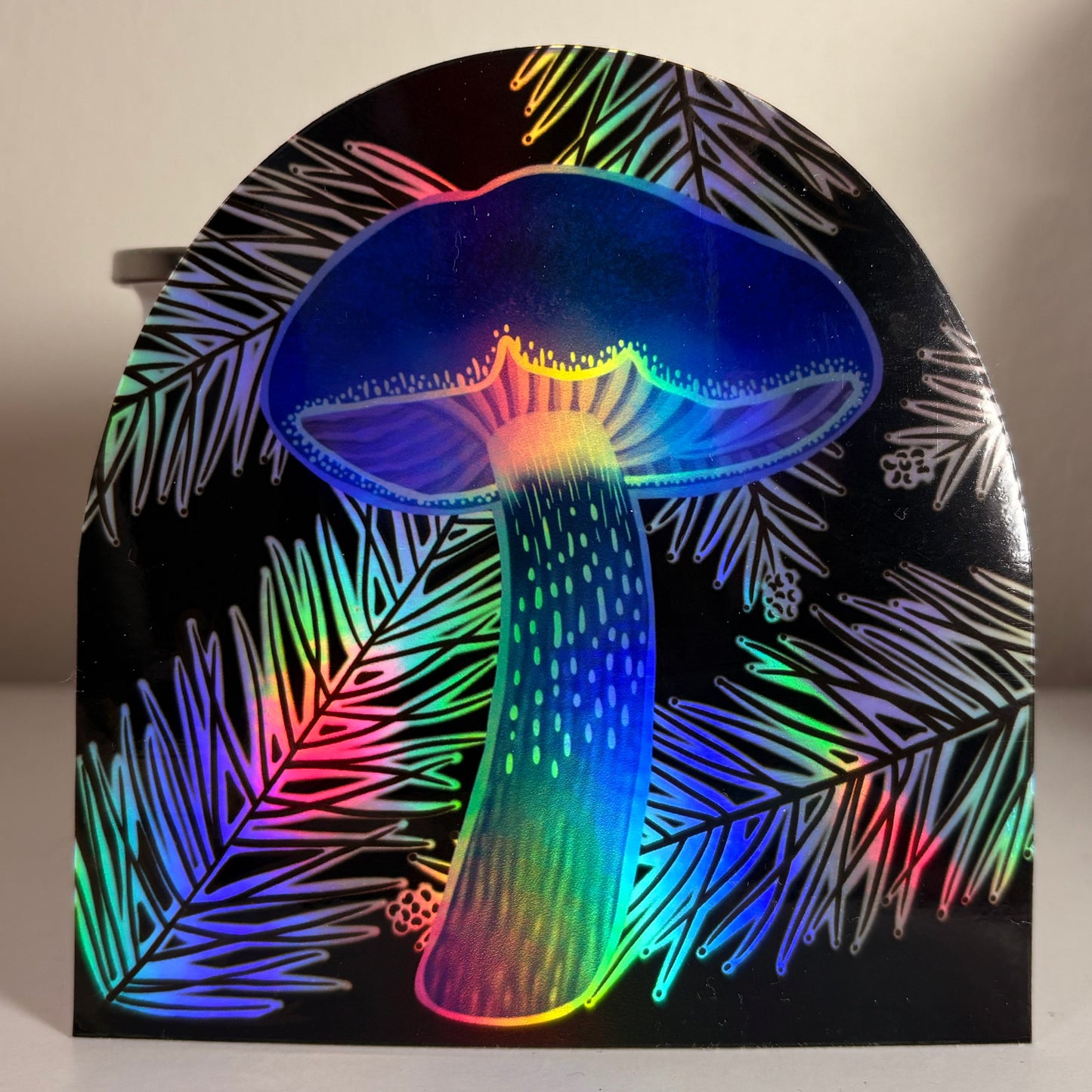 Indigo Mushroom with Redwood Needles Holographic Sticker