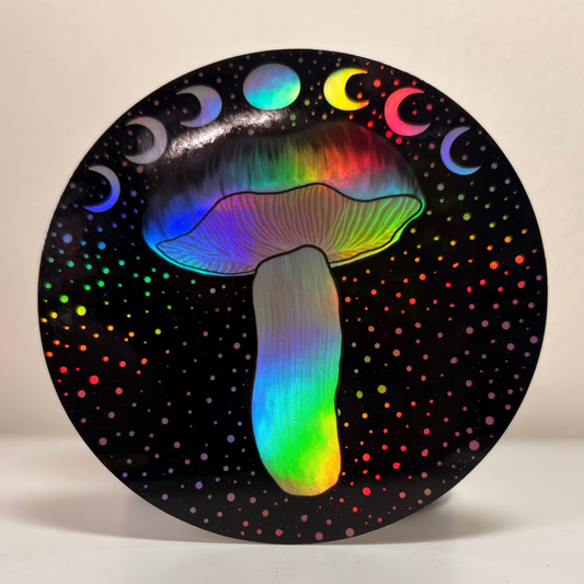 Mushroom Moon Phase Holographic Sticker- Midnight Entaloma