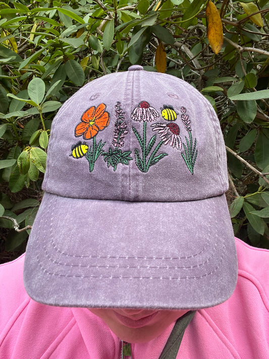 Bee and Wildflowers Embroidered Hat