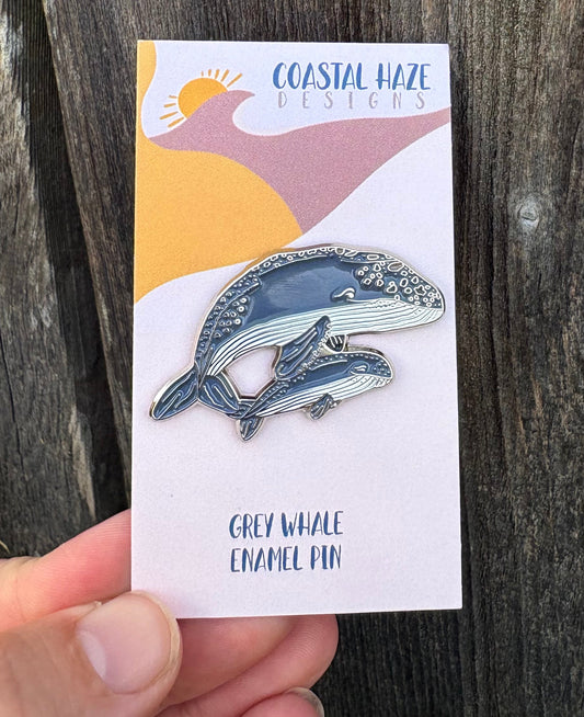 Grey Whale Enamel Pin with Calf